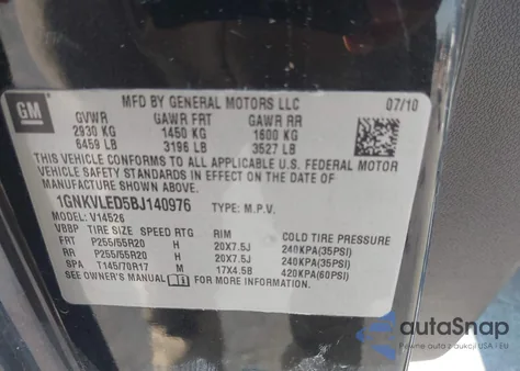 2011 Chevrolet Traverse Ltz from USA, damaged, VIN 1GNKVLED5BJ140976